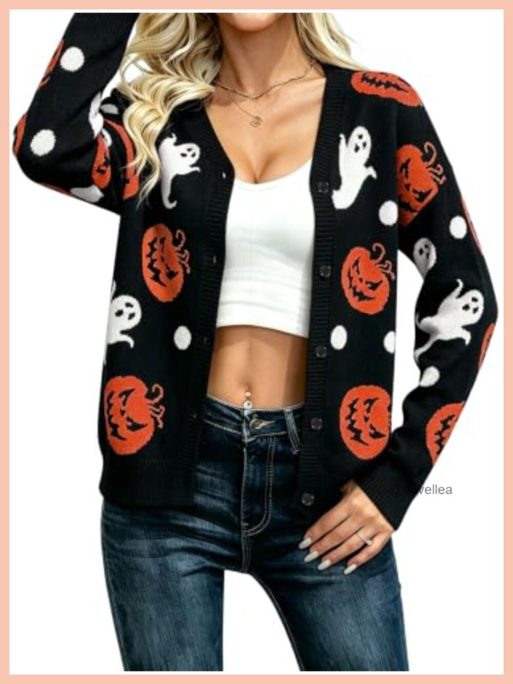 Women's Halloween Pumpkin Ghost Cardigan Button Front Long Sleeve Knit Sweater